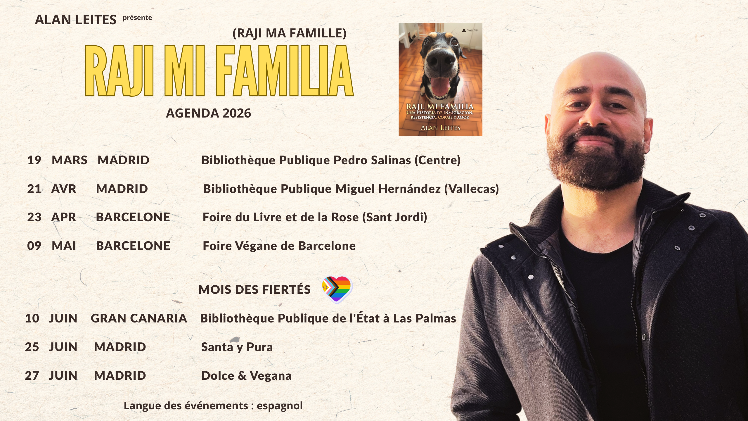 Affiche de la tournée 2026 du livre Raji Mi Familia d'Alan Leites. Comprend des dates à Madrid, Barcelone et Gran Canaria.