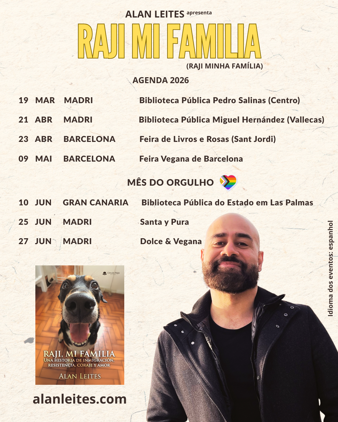 Cartaz da turnê 2026 do livro Raji Mi Familia de Alan Leites. Inclui datas em Madri, Barcelona e Gran Canaria.
