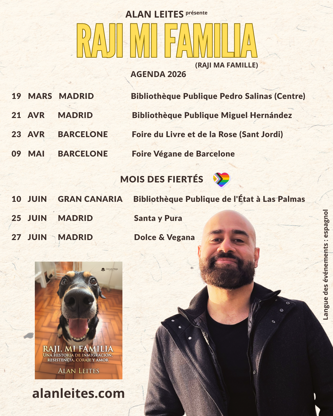 Affiche de la tournée 2026 du livre Raji Mi Familia d'Alan Leites. Comprend des dates à Madrid, Barcelone et Gran Canaria.