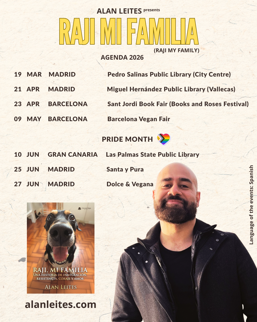 Agenda-Raji-Mi-Familia-2026-English 2026 tour poster for the book Raji Mi Familia by Alan Leites. Includes dates in Madrid, Barcelona and Gran Canaria.
