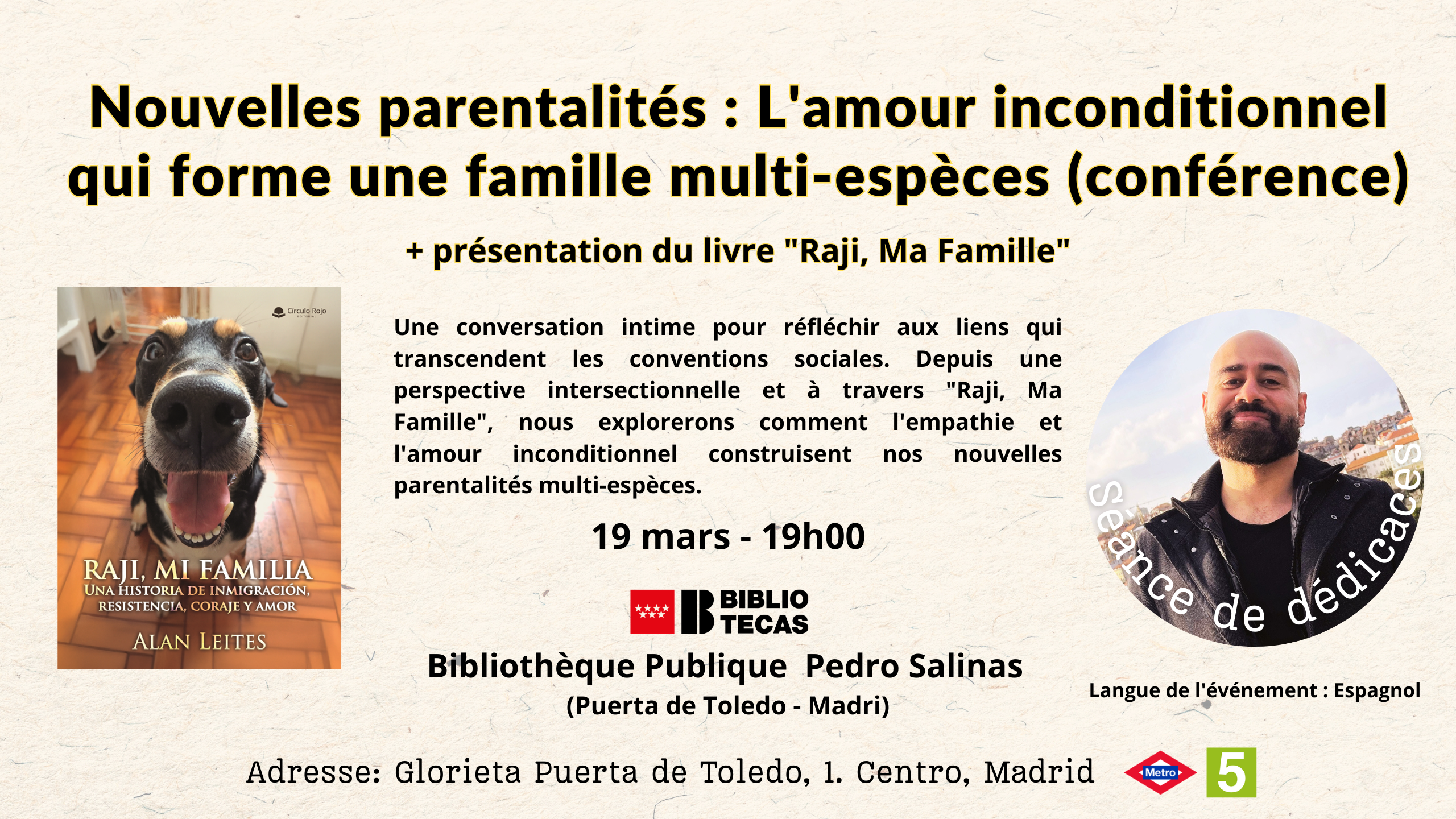 Affiche promotionnelle pour la conférence "Nouvelles parentalités" et présentation du livre "Raji, Ma Famille" à la Bibliothèque Publique Pedro Salinas, Madrid.