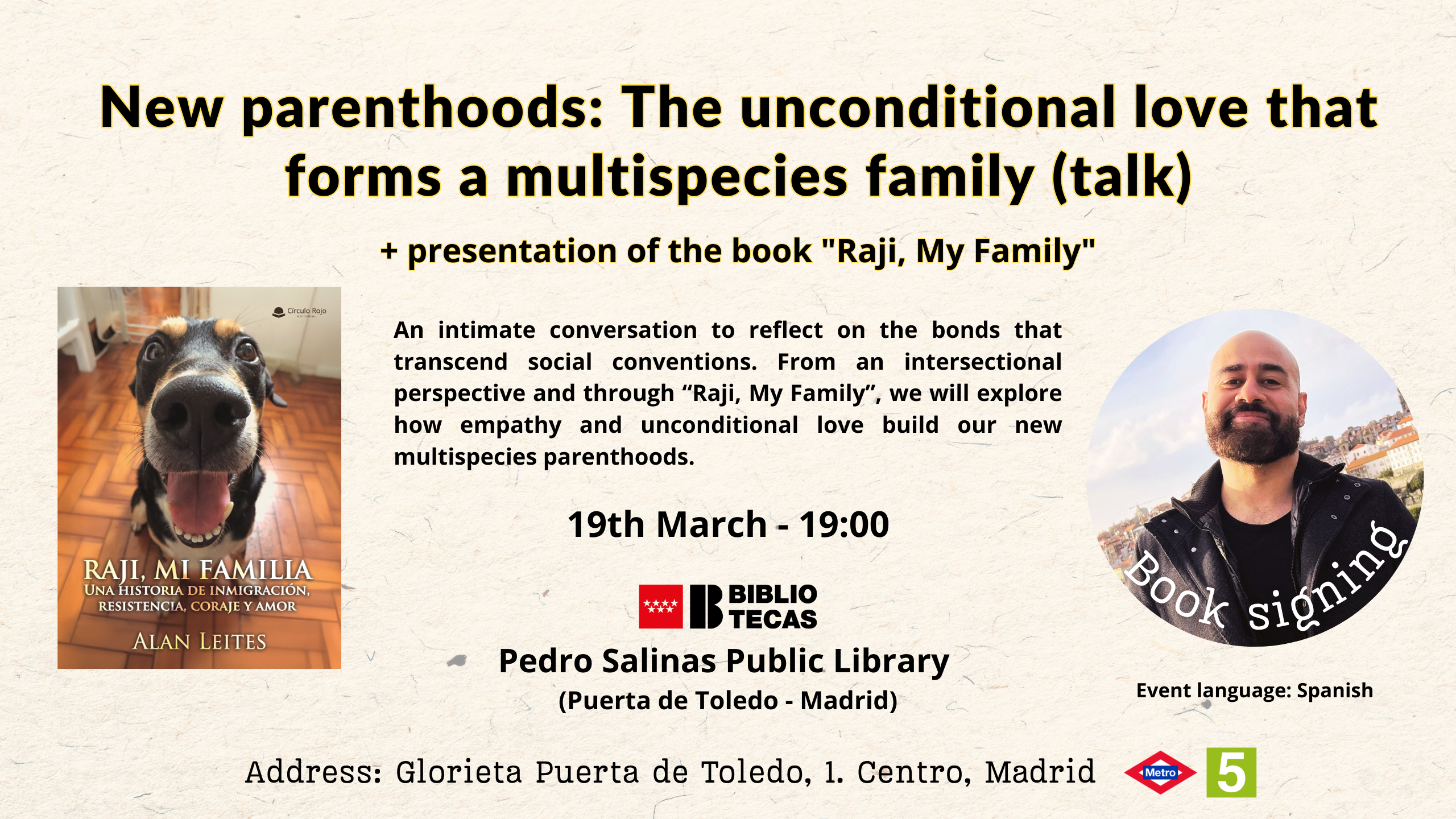 Promotional poster for the "New parentalities" talk and "Raji, My Family" book presentation at Pedro Salinas Public Library, Madrid.