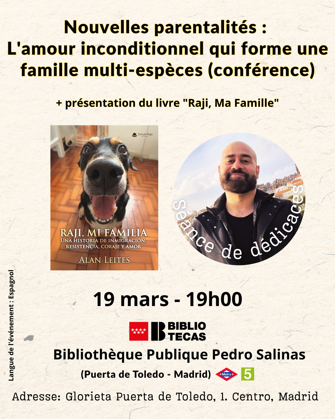 Affiche promotionnelle pour la conférence "Nouvelles parentalités" et présentation du livre "Raji, Ma Famille" à la Bibliothèque Publique Pedro Salinas, Madrid.