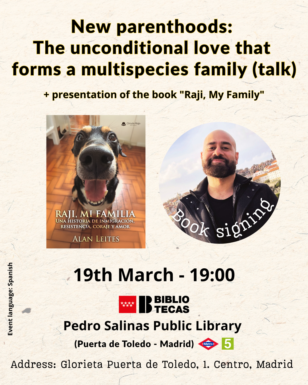 Promotional poster for the "New parentalities" talk and "Raji, My Family" book presentation at Pedro Salinas Public Library, Madrid