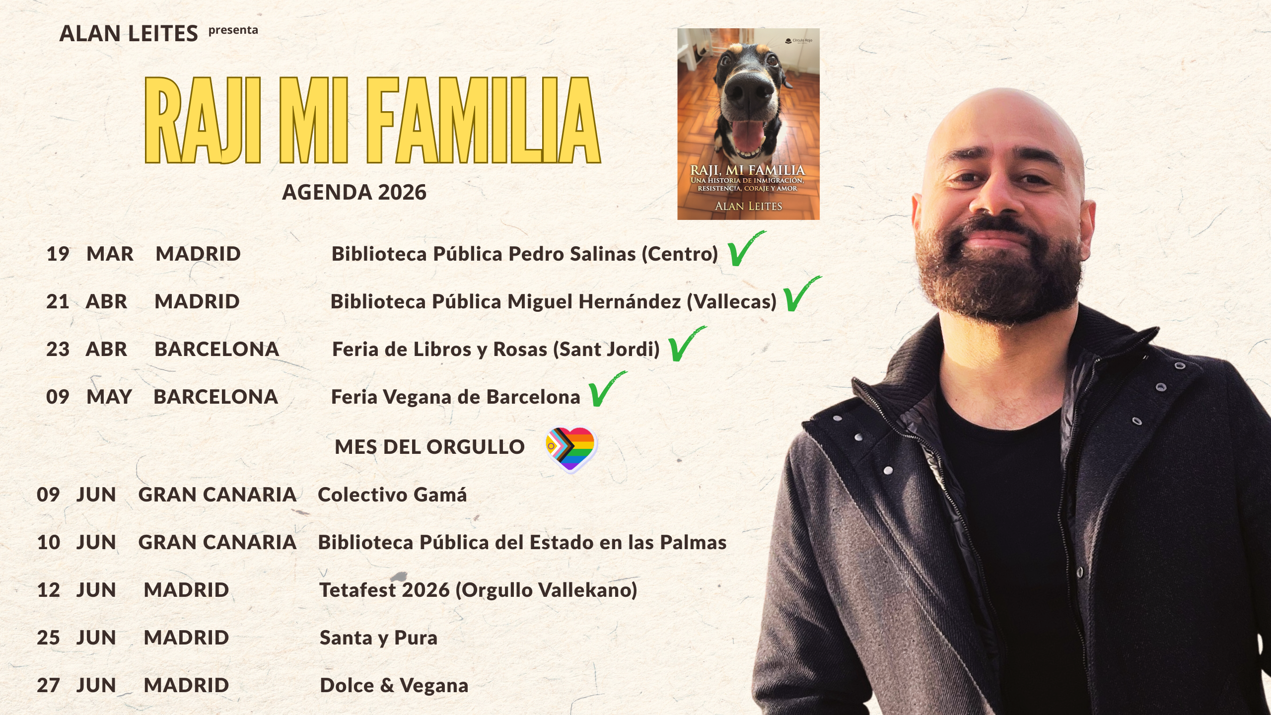Cartel de la gira 2026 del libro Raji Mi Familia de Alan Leites. Incluye fechas en Madrid, Barcelona y Gran Canaria.