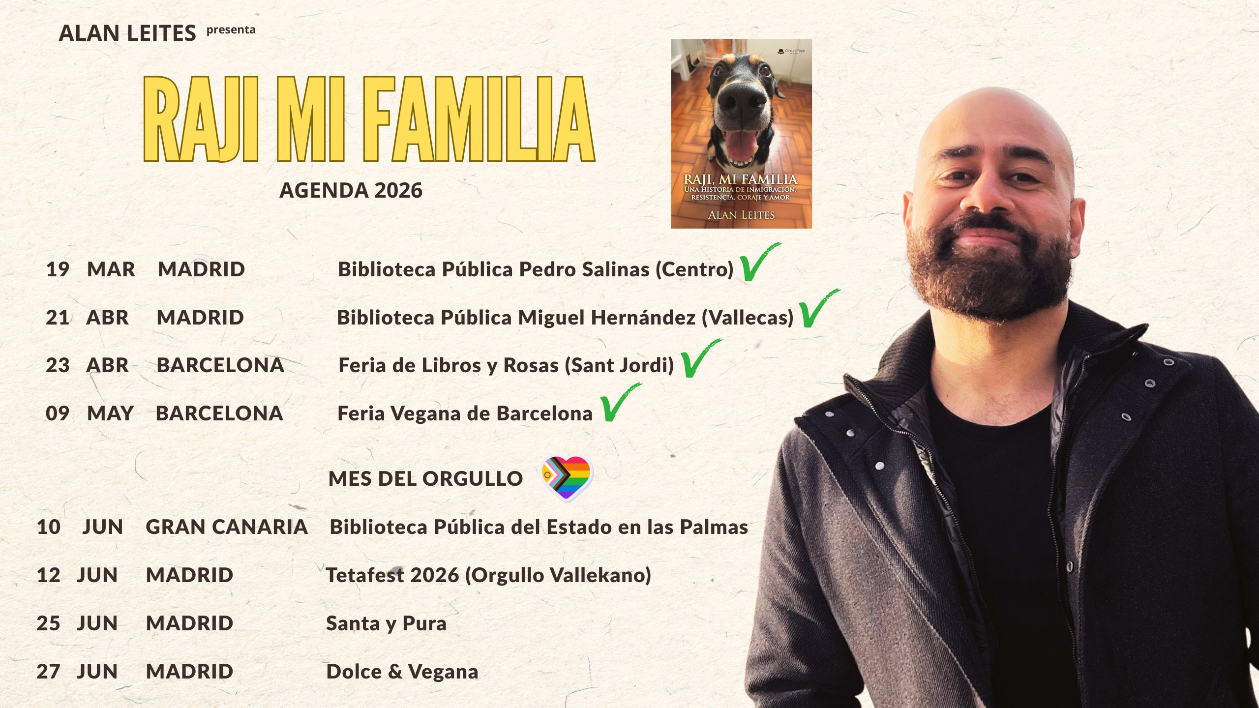 Cartel de la gira 2026 del libro Raji Mi Familia de Alan Leites. Incluye fechas en Madrid, Barcelona y Gran Canaria.