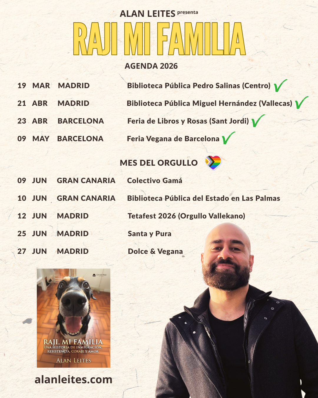 Cartel de la gira 2026 del libro Raji Mi Familia de Alan Leites. Incluye fechas en Madrid, Barcelona y Gran Canaria.