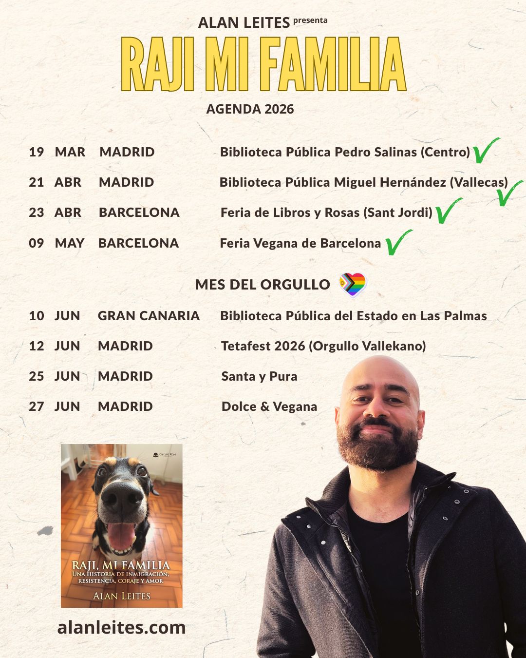 Cartel de la gira 2026 del libro Raji Mi Familia de Alan Leites. Incluye fechas en Madrid, Barcelona y Gran Canaria.