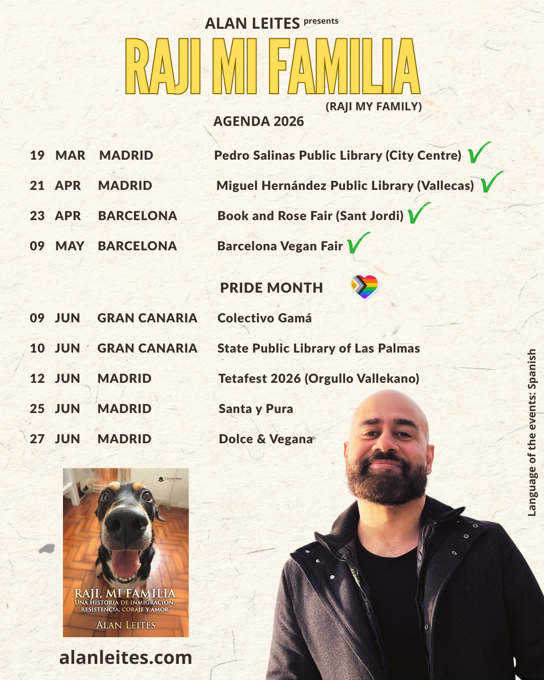 2026 tour poster for the book Raji Mi Familia by Alan Leites. Includes dates in Madrid, Barcelona and Gran Canaria.