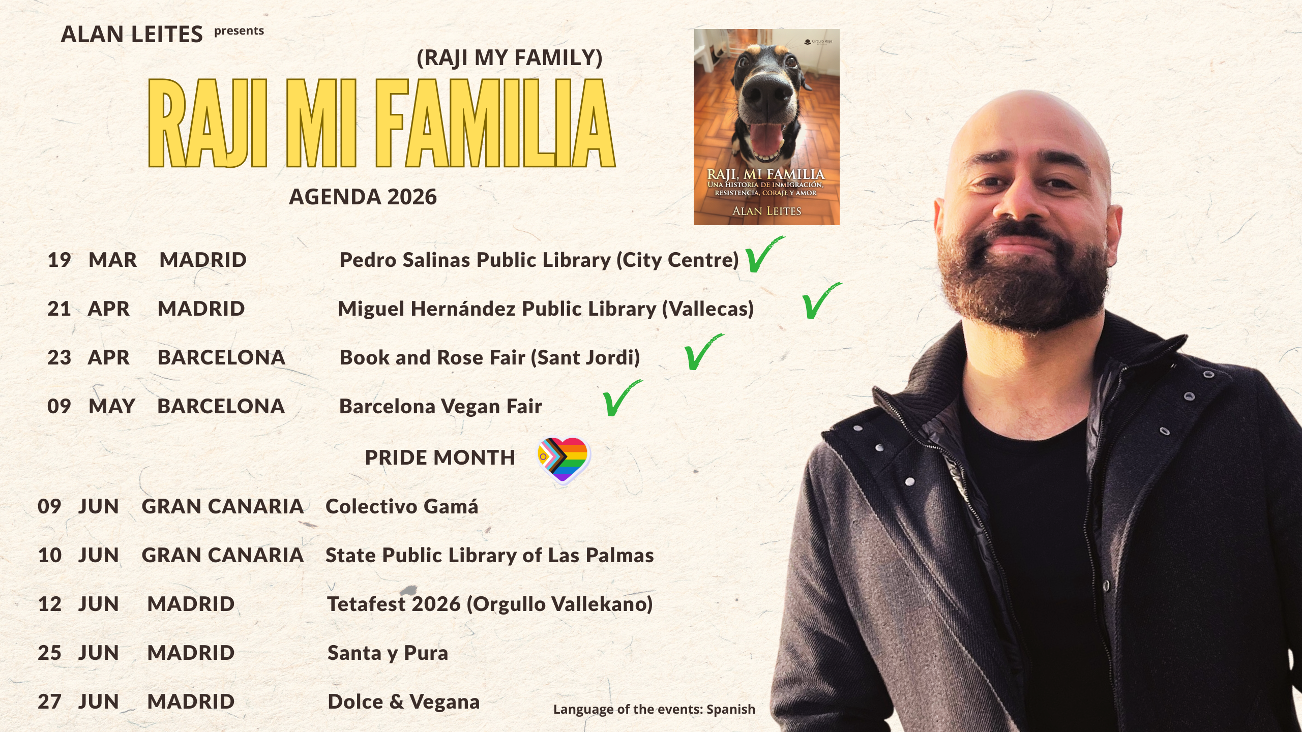 2026 tour poster for the book Raji Mi Familia by Alan Leites. Includes dates in Madrid, Barcelona and Gran Canaria.